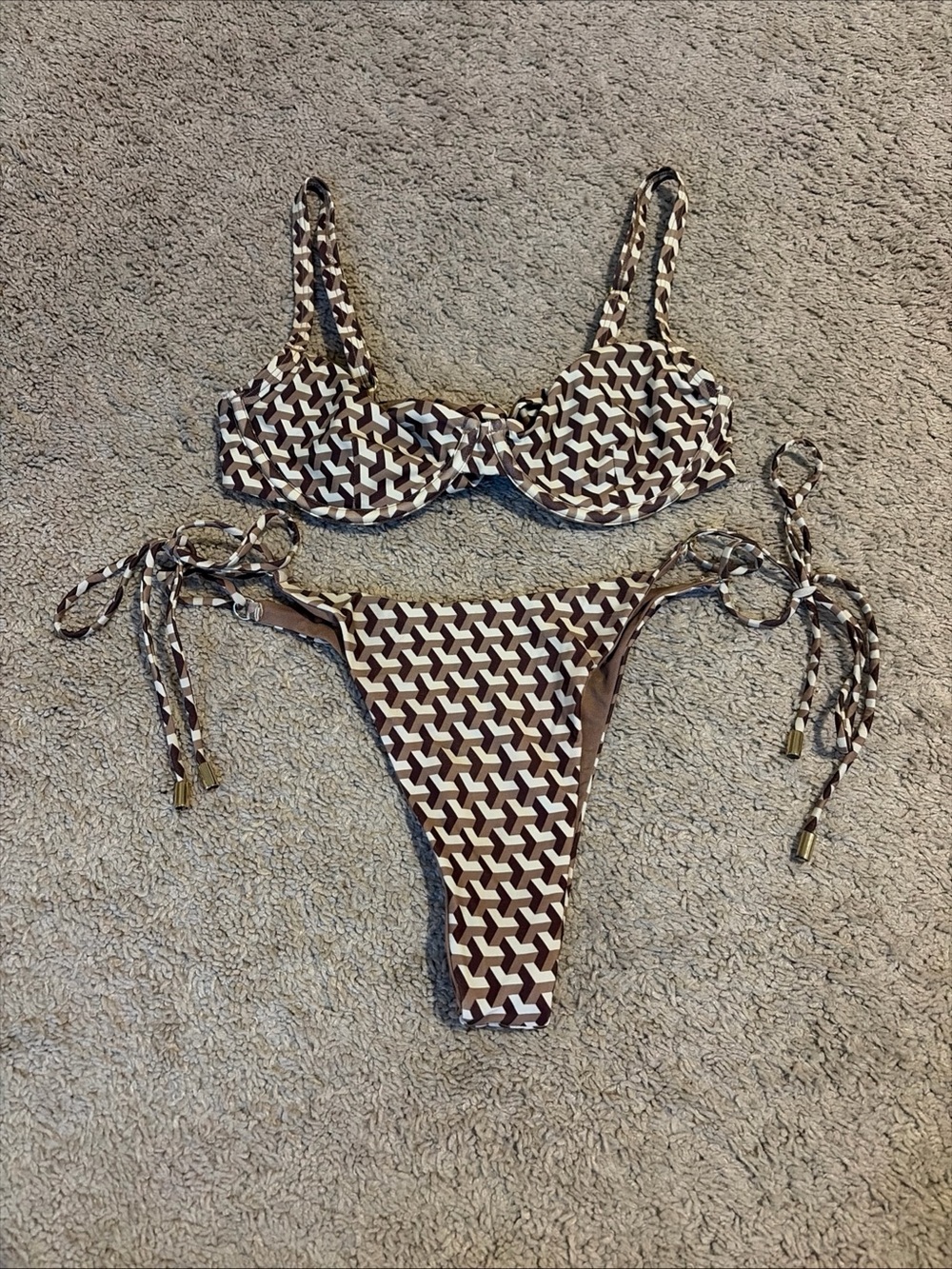 Monday Swim Brown Husk Geo Bikini Capri Top Hanalei Bottoms Petite XS/Medium